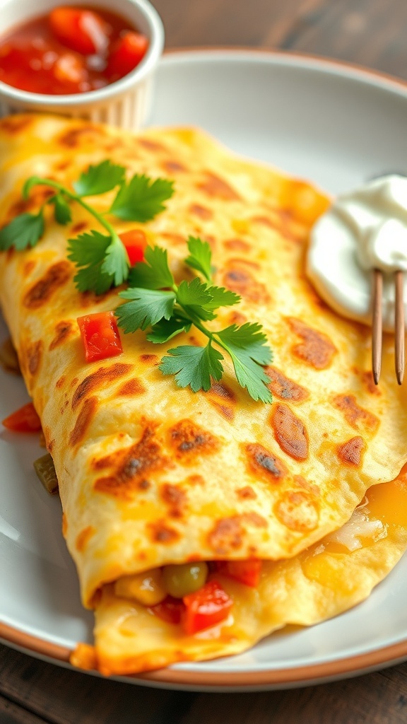 Quesadilla omelette with melted cheese and vegetables, served with salsa and sour cream.